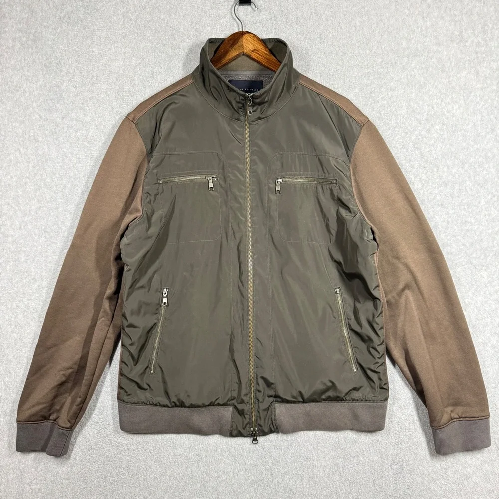 Banana Republic Men Large Mixed Media Full Zip Jacket Olive Brown Bomber Utility